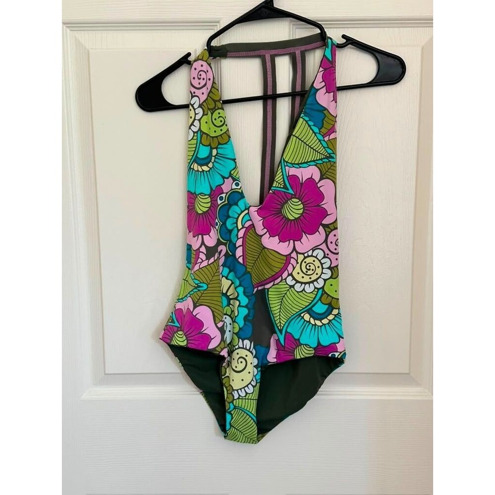 Y2K Retro Floral Halter One Piece Swimsuit Olive Green Open Back Women's S